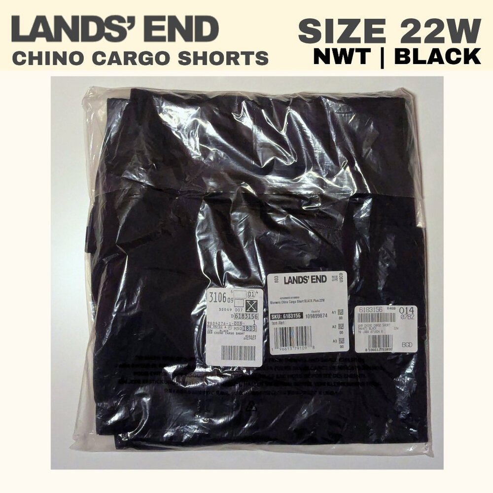 Lands' End | Chino Cargo Shorts | Size 22W | Black | NWT